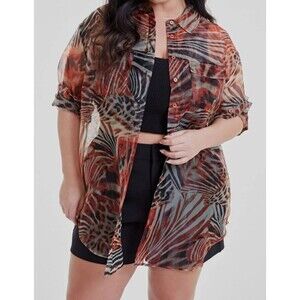 Nina Parker Women's Trendy Plus Size Printed Organza Oversized Shirt Multi 2X